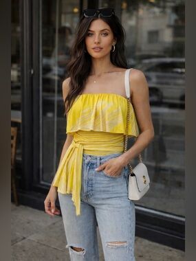 BCBG MaxAzria Yellow Strapless Ruffle Top XS NWOT Flowy Belted Blouse